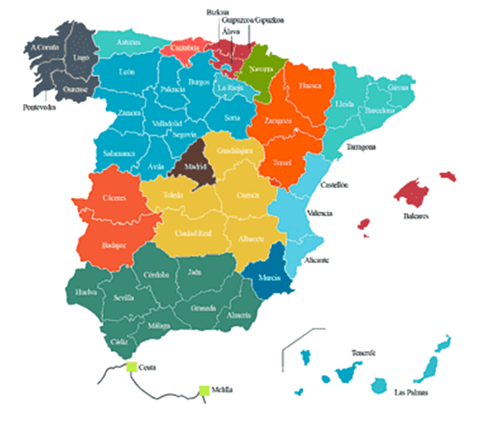 Mapa colorido de España con provincias, Baleares y Canarias